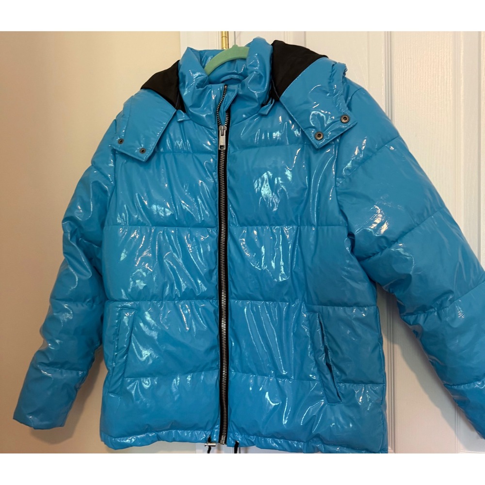 American Stitch Blue Shiny Patent Puffer Jacket Hooded Quilted Coat Women Small